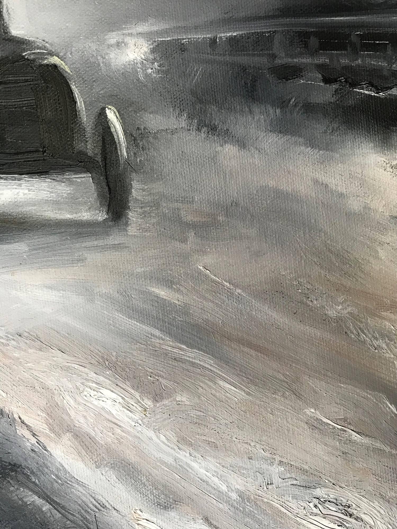 An impressionistic depiction of two figures seated in an old Ford riding down a dusty pathway near the farm.  This painting goes back in time as the artist captures the style and trend of the early 20th Century with old cars and the moodiness of
