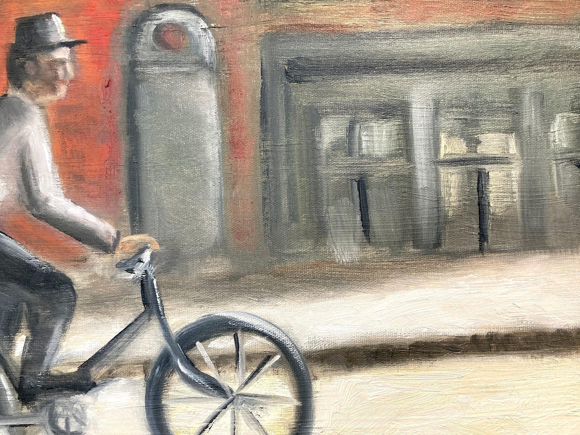 This painting depicts an impressionistic street scene of a man with hat riding up Notting Hill. The thick brush strokes and fun marks creates an atmosphere reminiscent of the impressionists from the 20th Century, and moody shadows that also reminds