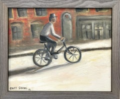 "Riding Up Notting Hill" Figure Riding Bike Impressionistic Oil Painting Canvas