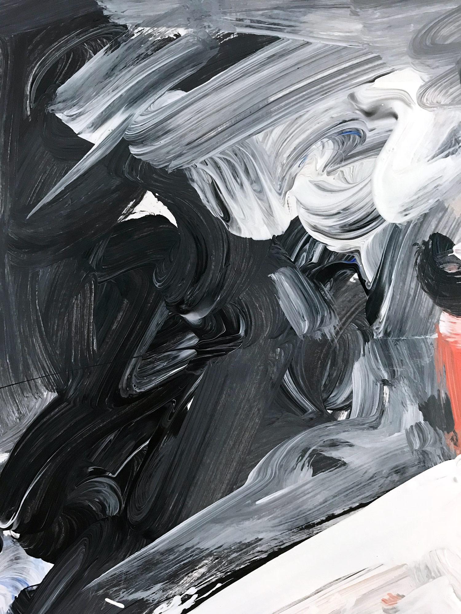 Un'incantevole, stravagante e audace rappresentazione di una donna in piedi con grazia in un abito bianco su uno sfondo rosa e giallo intenso con vortici di nero e grigio raffigurati a sinistra. Questo pezzo cattura l'essenza della moda a coppie.