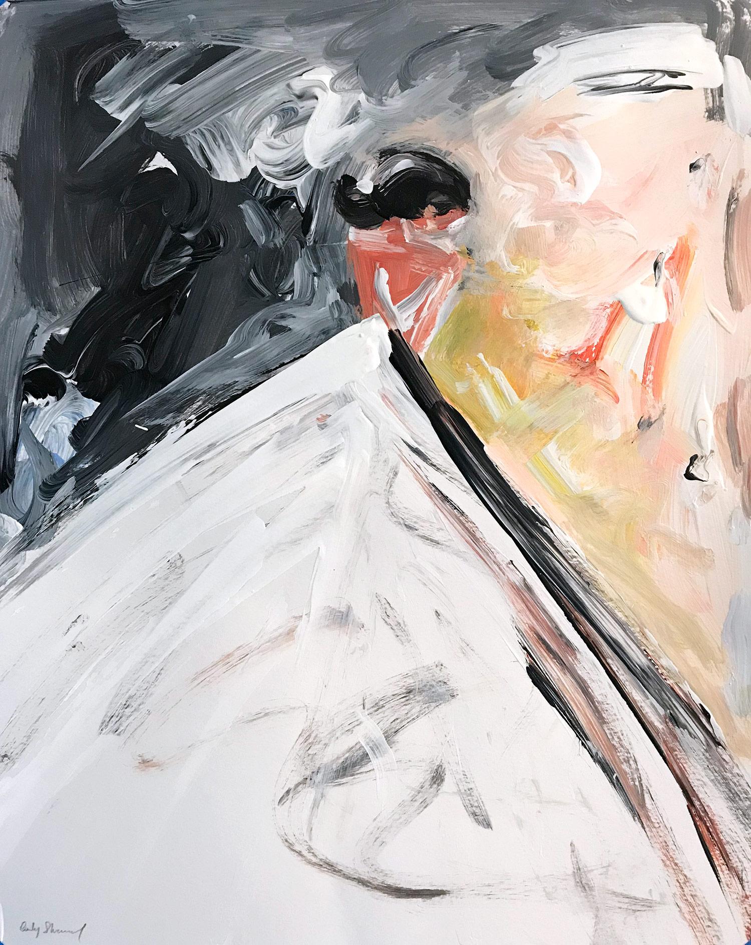 Abstract Painting di Cindy Shaoul - "Riley" Figura astratta in Chanel Haute Couture Pittura su carta