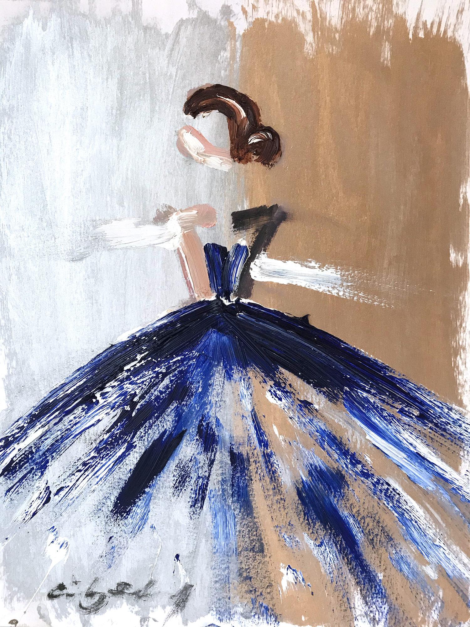 Cindy Shaoul Abstract Painting - "Romee" Figure with Gown French Haute Couture Oil Painting on Paper
