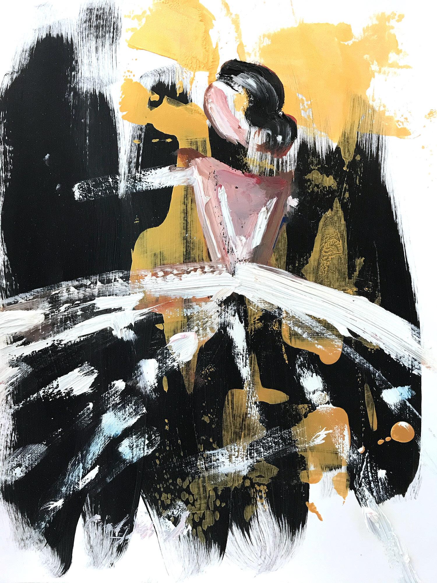 Cindy Shaoul Figurative Painting - "Elodie" Abstract Figure in Chanel Gown Haute Couture Oil Painting on Paper