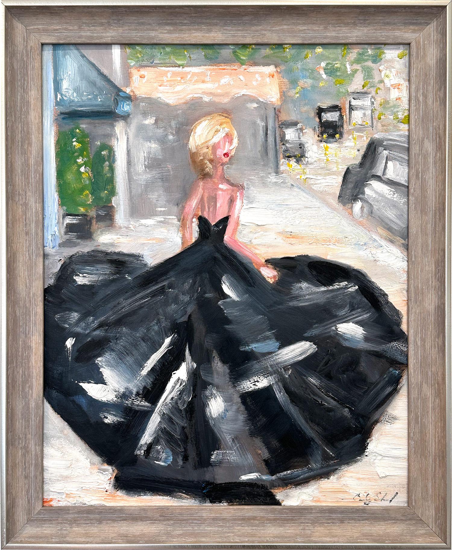 Cindy Shaoul Figurative Painting - "Runaway Bride -Emily Blunt"  Figure in Haute Couture Dress in NYC Painting