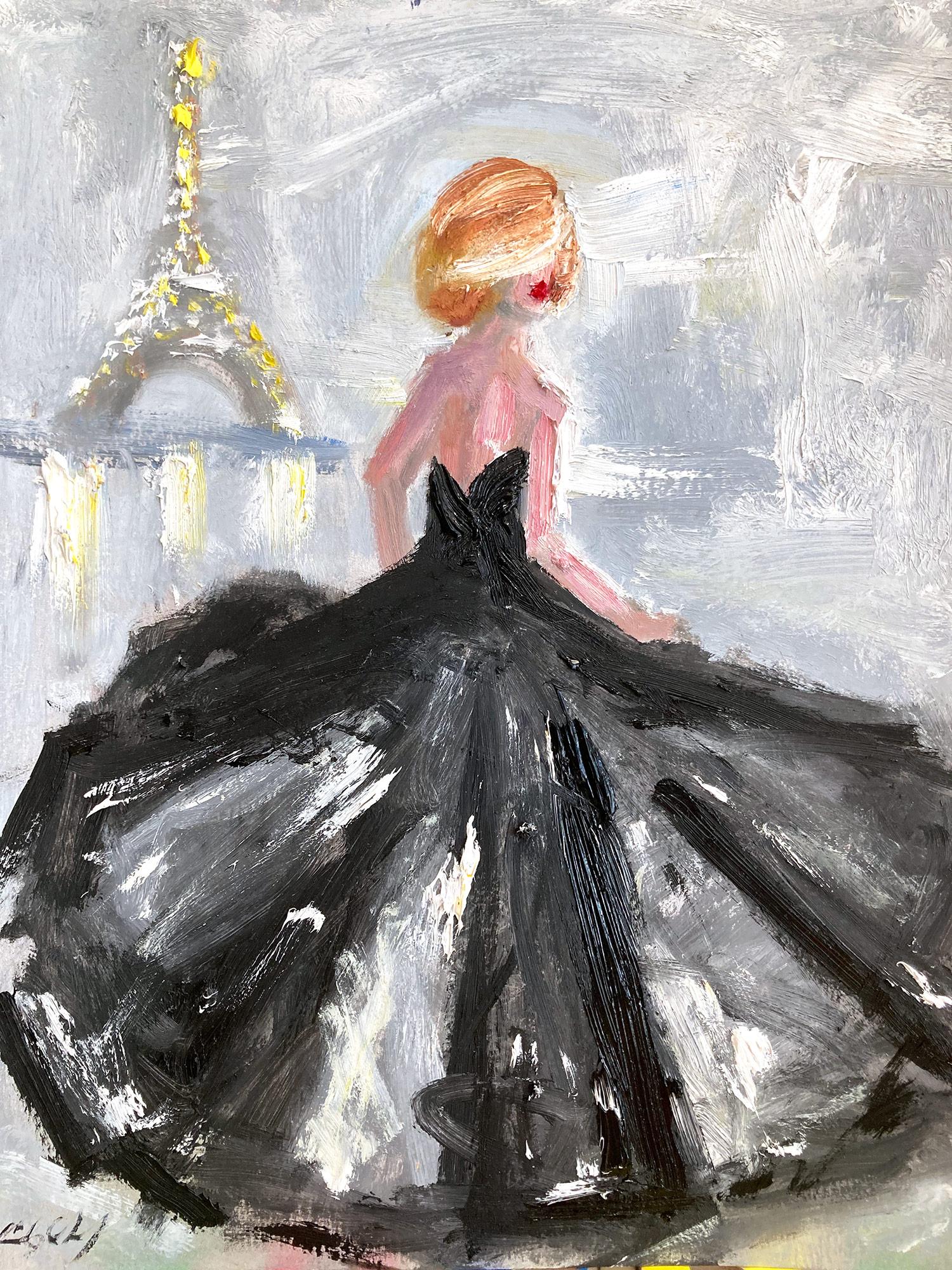 Cindy Shaoul Figurative Painting - "Runaway Bride in Paris" Figure in Haute Couture Fashion Oil Painting on Paper