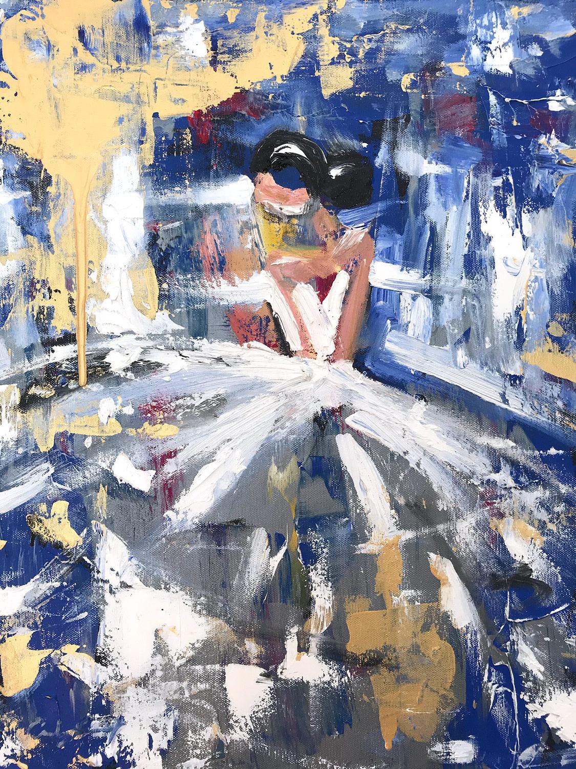 Figurative Painting Cindy Shaoul - "Sapphire" - Figure abstraite avec robe - Peinture à l'huile sur toile de haute couture française