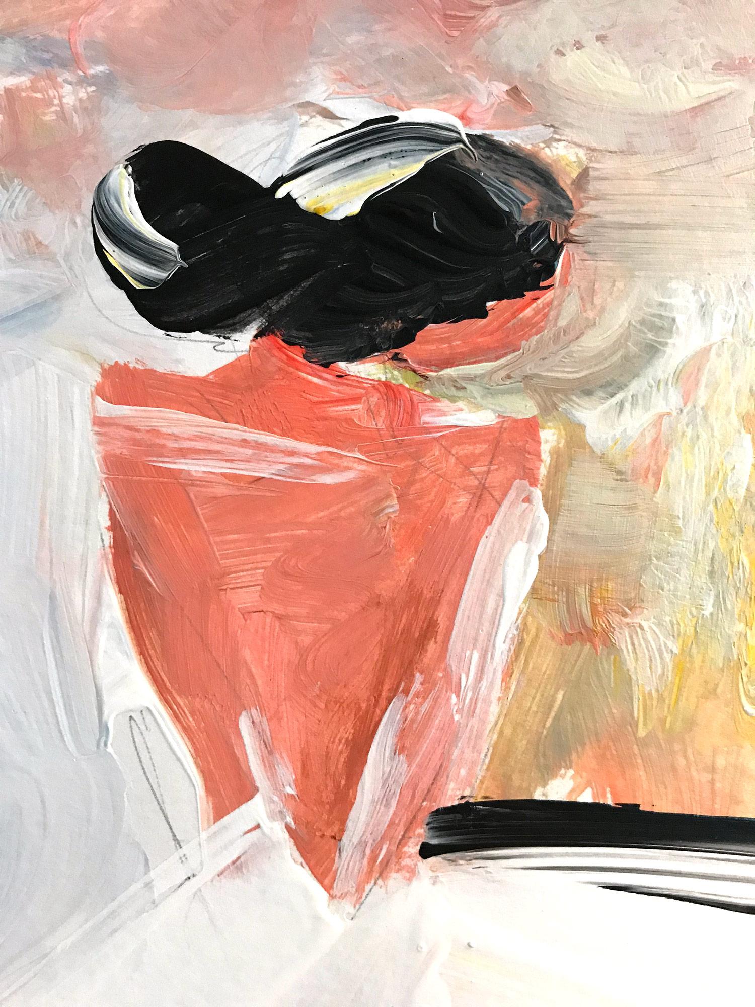 Una rappresentazione molto stravagante e audace di una donna in piedi con grazia in un abito bianco su uno sfondo rosa, blu e giallo luminoso. Questo pezzo cattura l'essenza della moda a coppie. Realizzato in uno stile molto moderno e