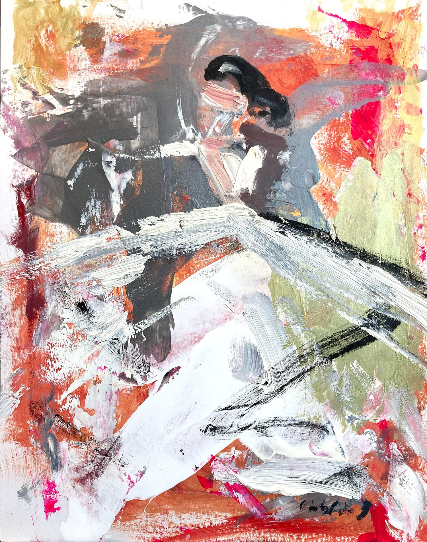 Cindy Shaoul Abstract Painting – „Serena“ Figur mit Kleid Französisch Haute Couture Buntes Ölgemälde auf Papier, Haute Couture