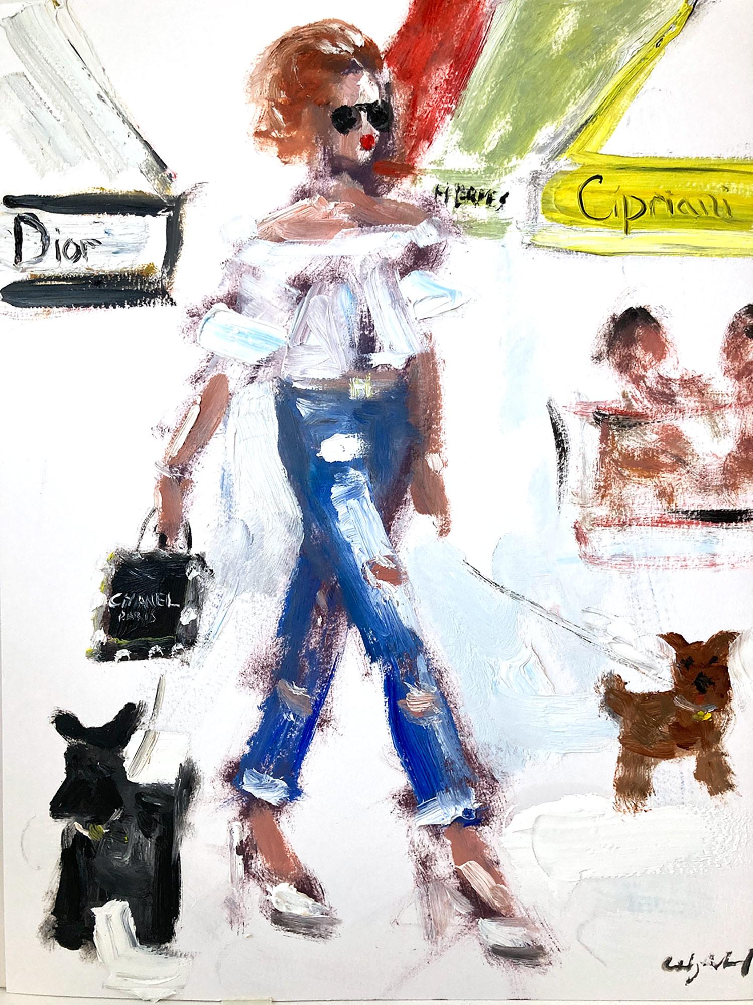 Cindy Shaoul Figurative Painting - "Shopping then Cipriani" Figure with Dogs and Chanel & Dior Oil Paper Painting