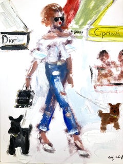 "Shopping then Cipriani" Figure with Dogs and Chanel & Dior Oil Paper Painting
