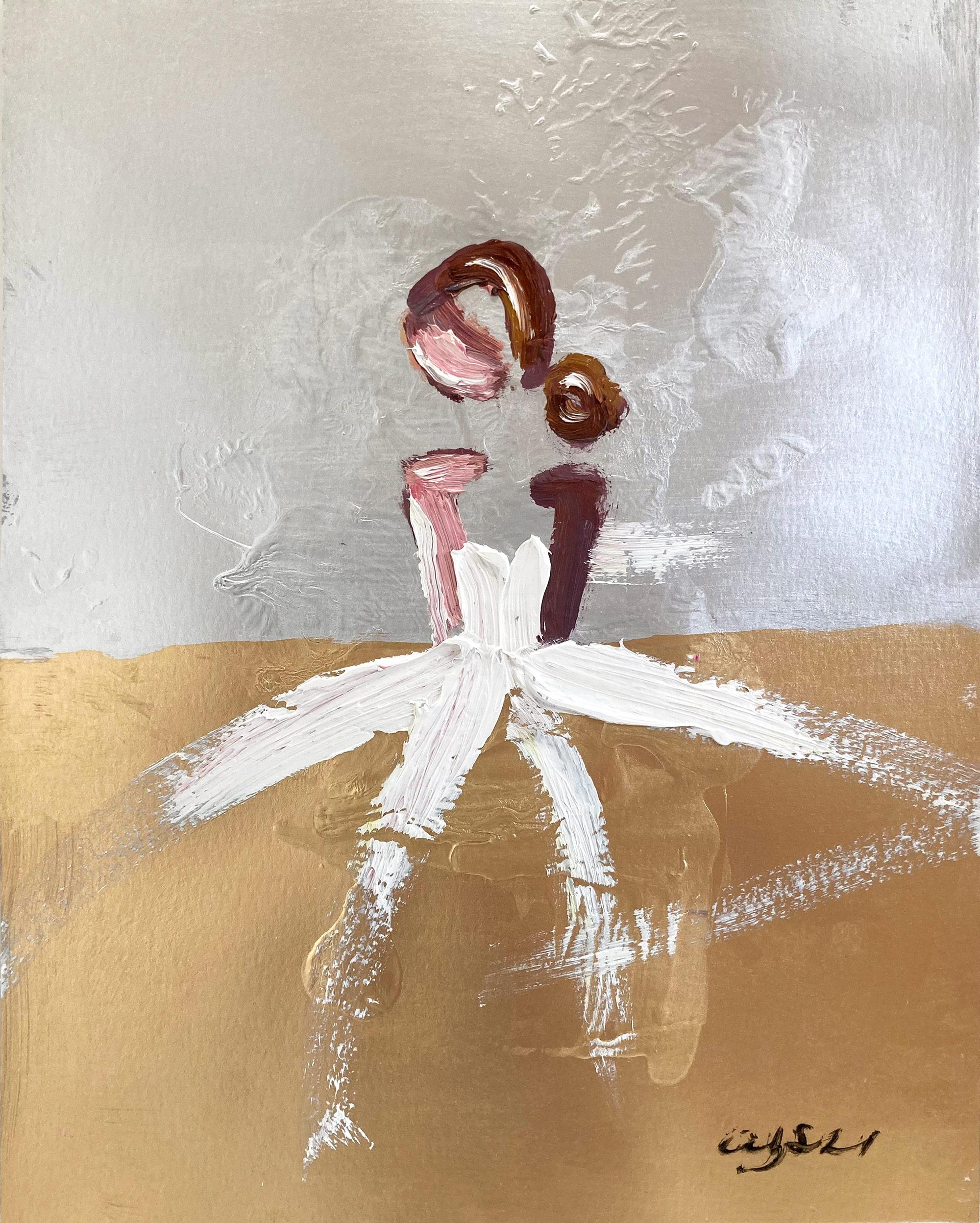 "Silber und Gold in Chanel" Figur in Haute Couture-Kleid Ölgemälde auf Papier