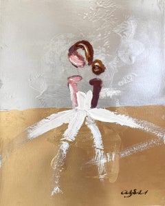"A Silver et Gold in Chanel" Figure en robe Haute Couture Peinture à l'huile sur papier