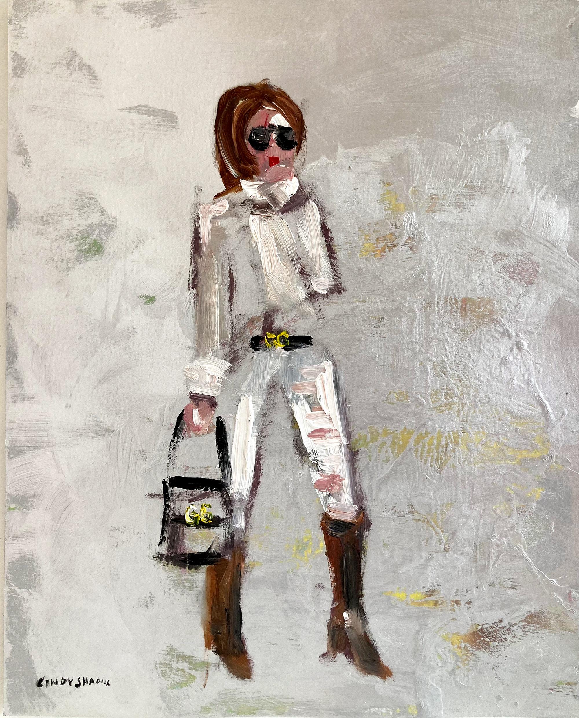 Abstract Painting de Cindy Shaoul - "Gucci de plata" Figura impresionista con gafas de sol Pintura al óleo sobre papel