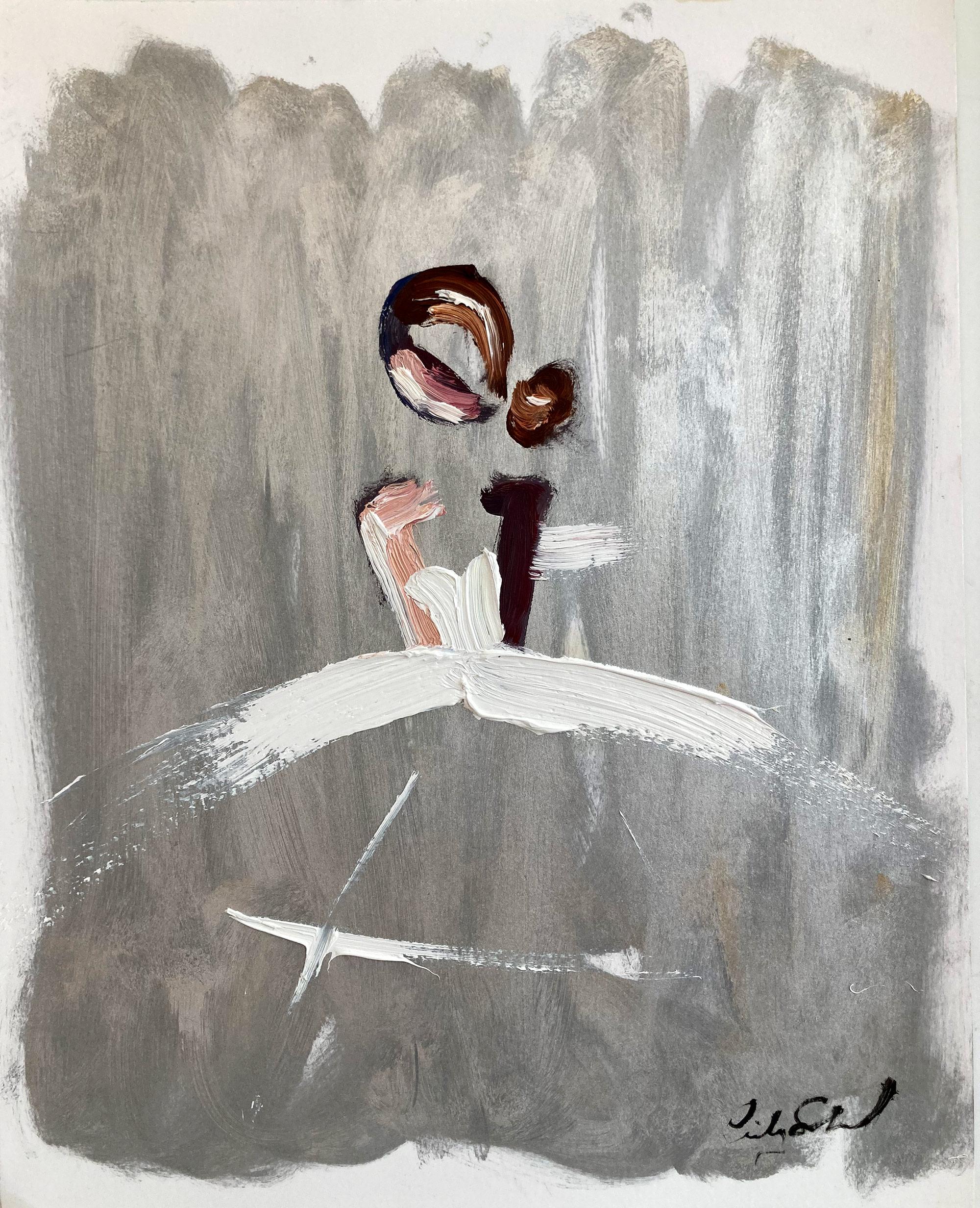 Figurative Painting di Cindy Shaoul - "Silver Streak" Figura con abito Haute Couture di Chanel Pittura a olio su carta