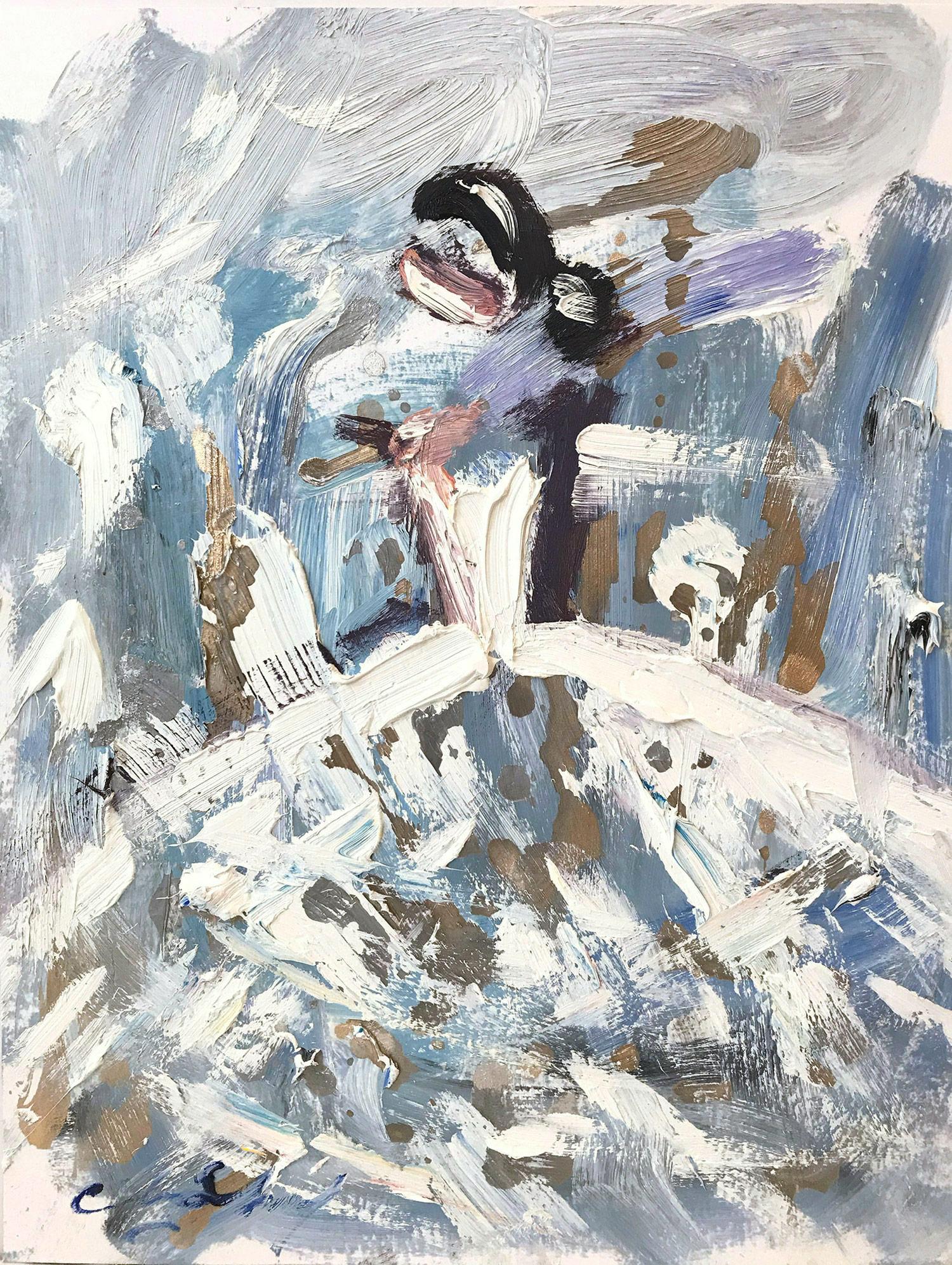 Cindy Shaoul Figurative Painting - "Singing in the Rain" Figure Gown French Haute Couture Oil Painting on Paper