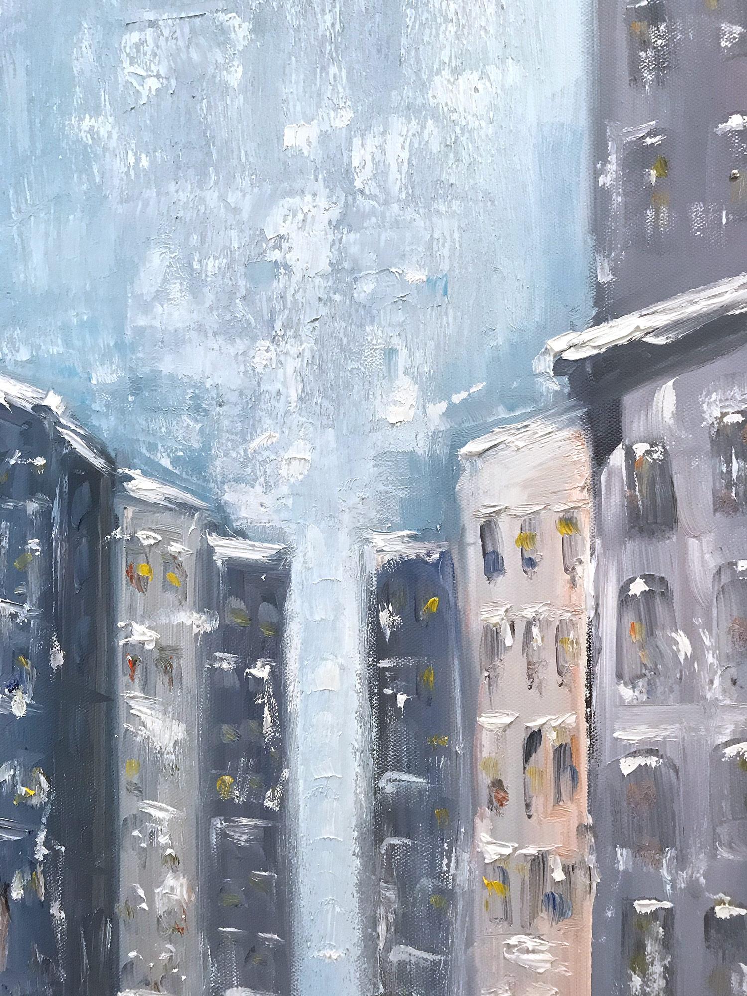 A charming depiction of the Flatiron building in New York City with figures in the snow. A cozy impressionistic street scene with colors of cobalts, whites, and burnt sienna's. An iconic street scene with beautiful brushwork and whimsical details,