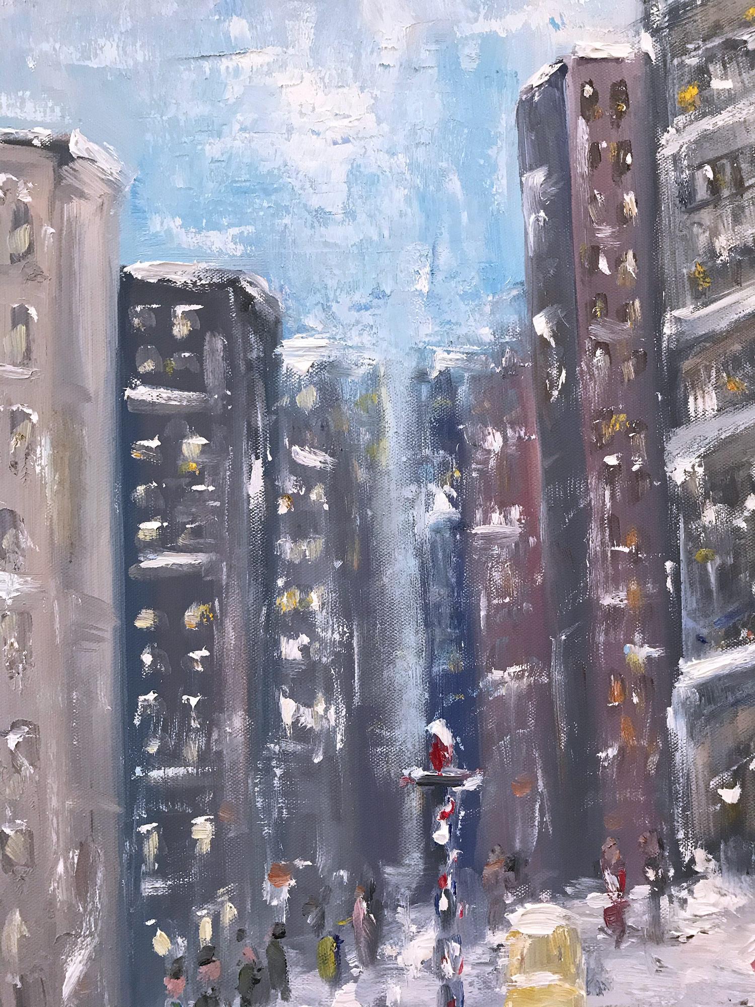 « Snow by Flatiron », peinture à l'huile impressionniste d'une scène de neige dans le style de Guy Wiggins  - Gris Landscape Painting par Cindy Shaoul