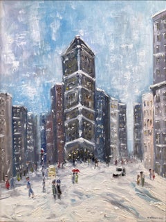 "Snow by Flatiron" Impressionist Oil Painting Snow Scene Style of Guy Wiggins