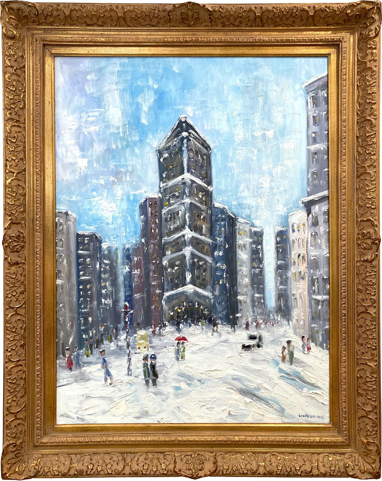Landscape Painting Cindy Shaoul - « Snow by Flatiron », peinture à l'huile impressionniste d'une scène de neige dans le style de Guy Wiggins 