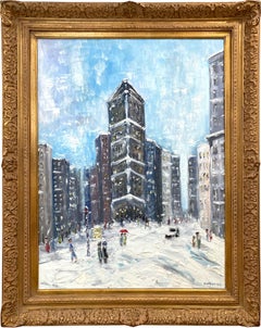 « Snow by Flatiron », peinture à l'huile impressionniste d'une scène de neige dans le style de Guy Wiggins 