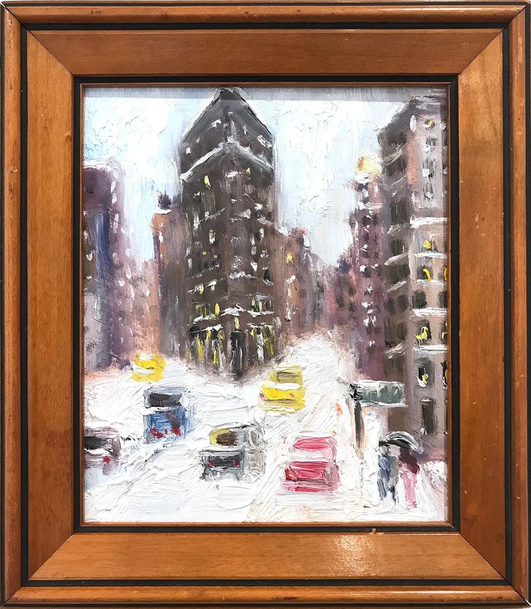 Cindy Shaoul Figurative Art - "Snow by Flatiron" Impressionist Oil Painting Snow Scene Style of Guy Wiggins 