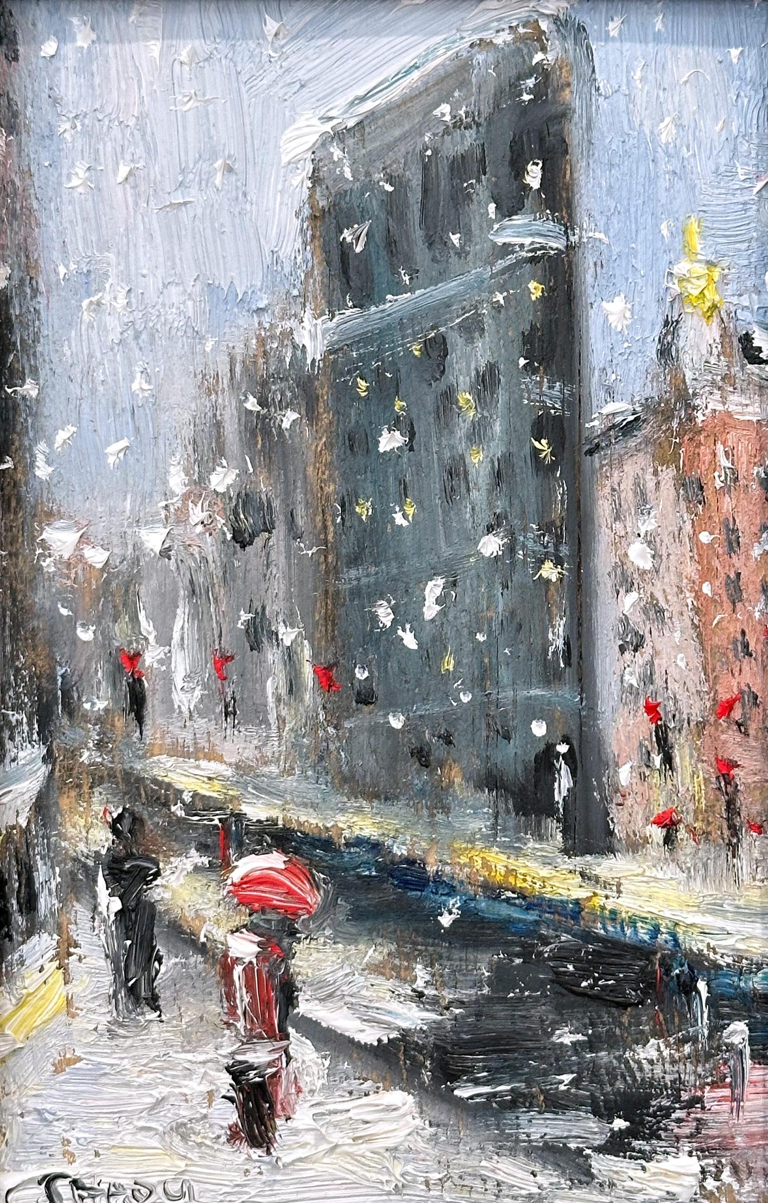 This painting depicts an impressionistic scene of a figure with an umbrella in a Snow Filled NYC streets by the Flatiron on 5th Avenue. The thick brush strokes and fun marks creates an atmosphere reminiscent of the impressionists from the 20th