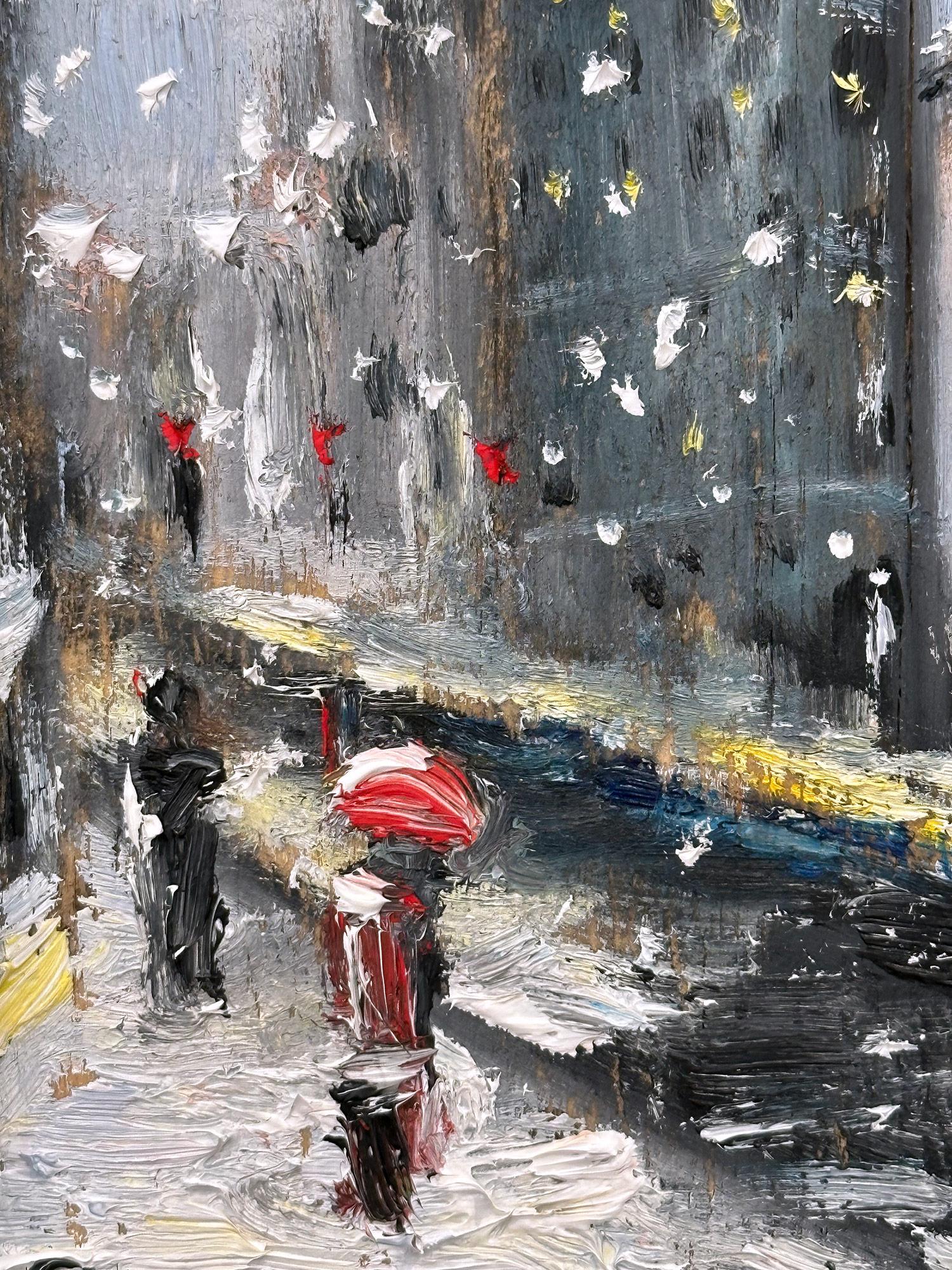 This painting depicts an impressionistic scene of a figure with an umbrella in a Snow Filled NYC streets by the Flatiron on 5th Avenue. The thick brush strokes and fun marks creates an atmosphere reminiscent of the impressionists from the 20th