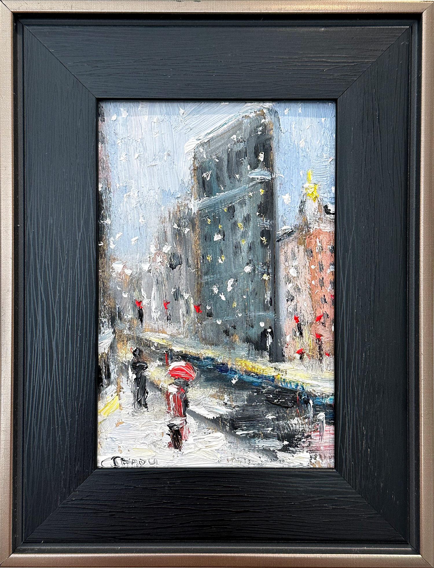 Cindy Shaoul Figurative Painting - "Snow By Flatiron" Impressionistic Oil Painting New York City Landscape on Wood 