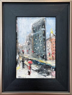 "Neige par Flatiron" Peinture à l'huile impressionniste - Paysage de la ville de New York en neige 