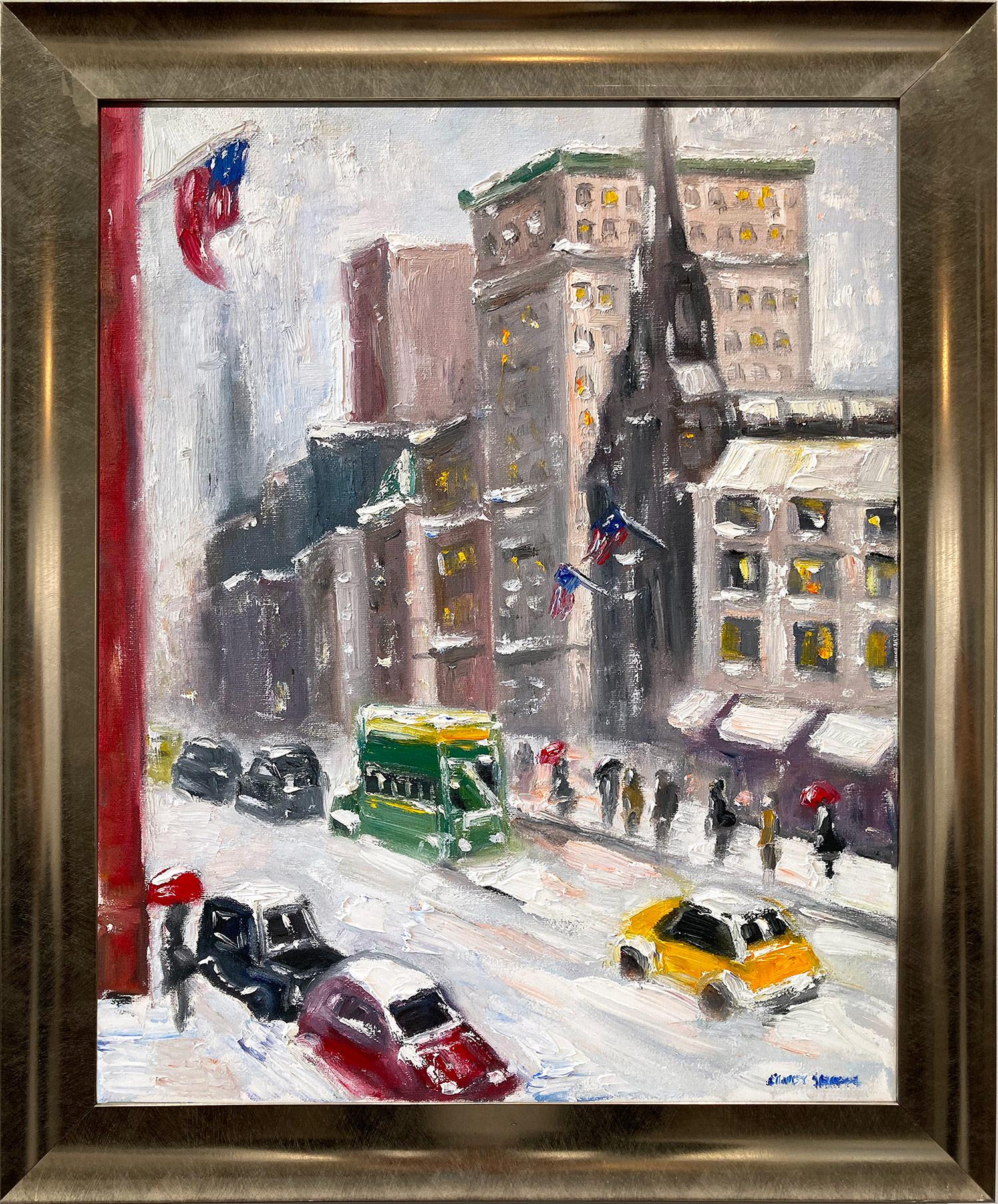 Cindy Shaoul Landscape Painting - "Snow by Trinity Church" Impressionistic Snow New York in style of Guy Wiggins