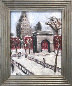 „Snow by Washington Square Park“ Impressionistische Schneeszene im Stil von Guy Wiggins 