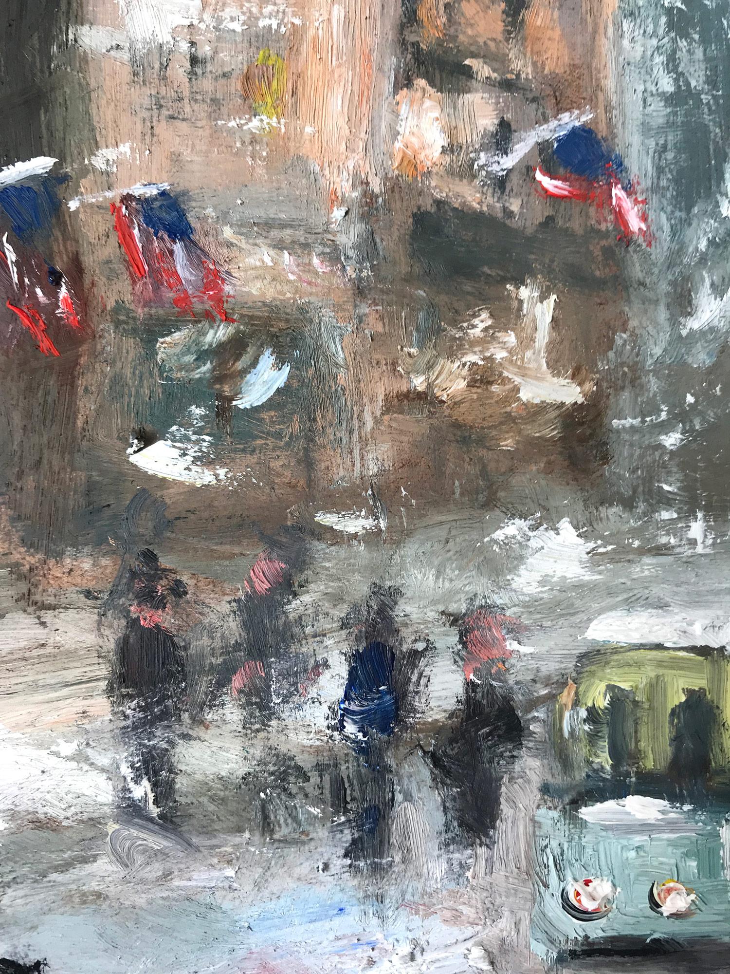 Snow in Downtown Wall Street, Impressionist Street Scene in style of Guy Wiggins 6