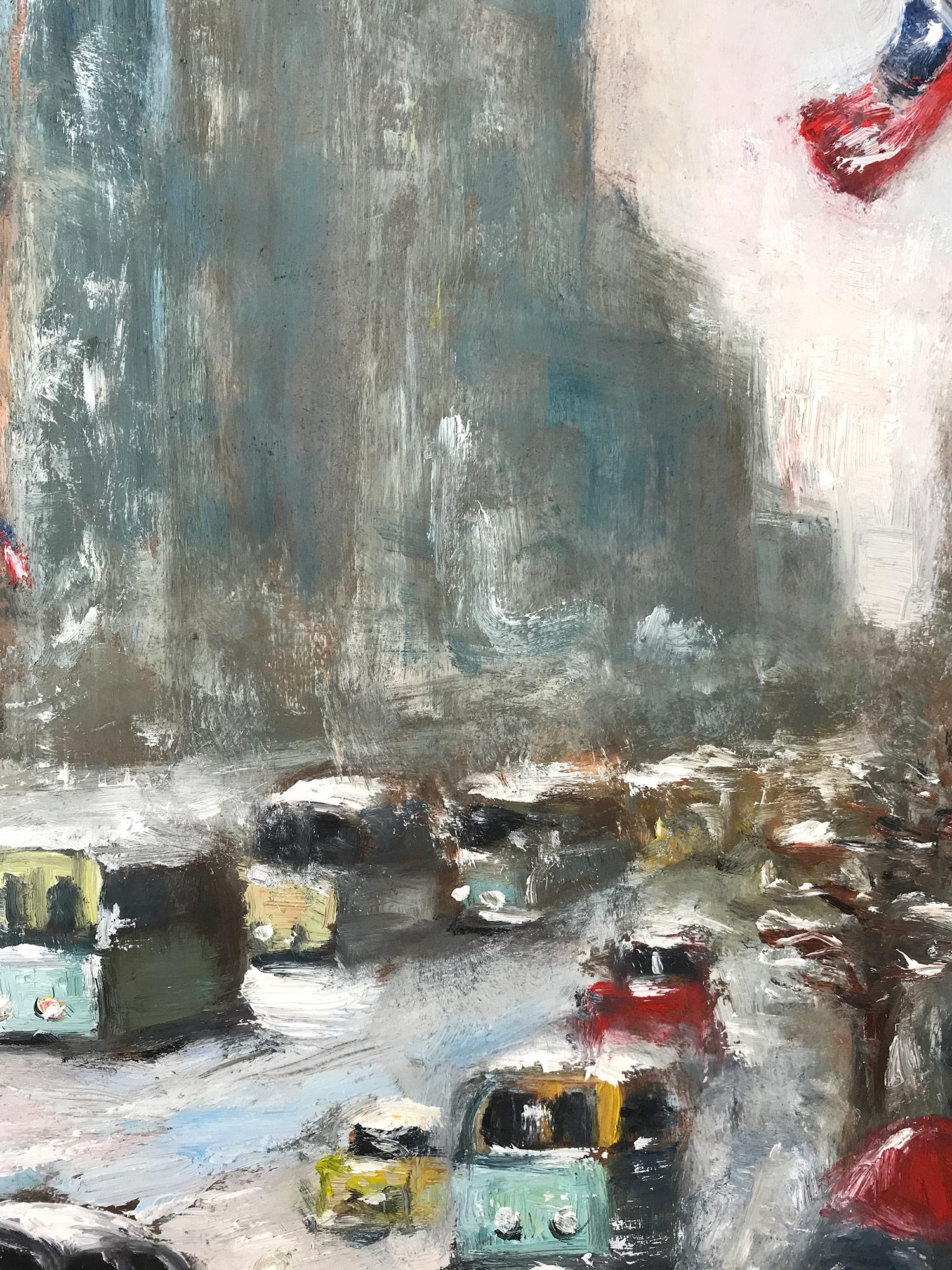 Snow in Downtown Wall Street, Impressionist Street Scene in style of Guy Wiggins - American Impressionist Painting by Cindy Shaoul