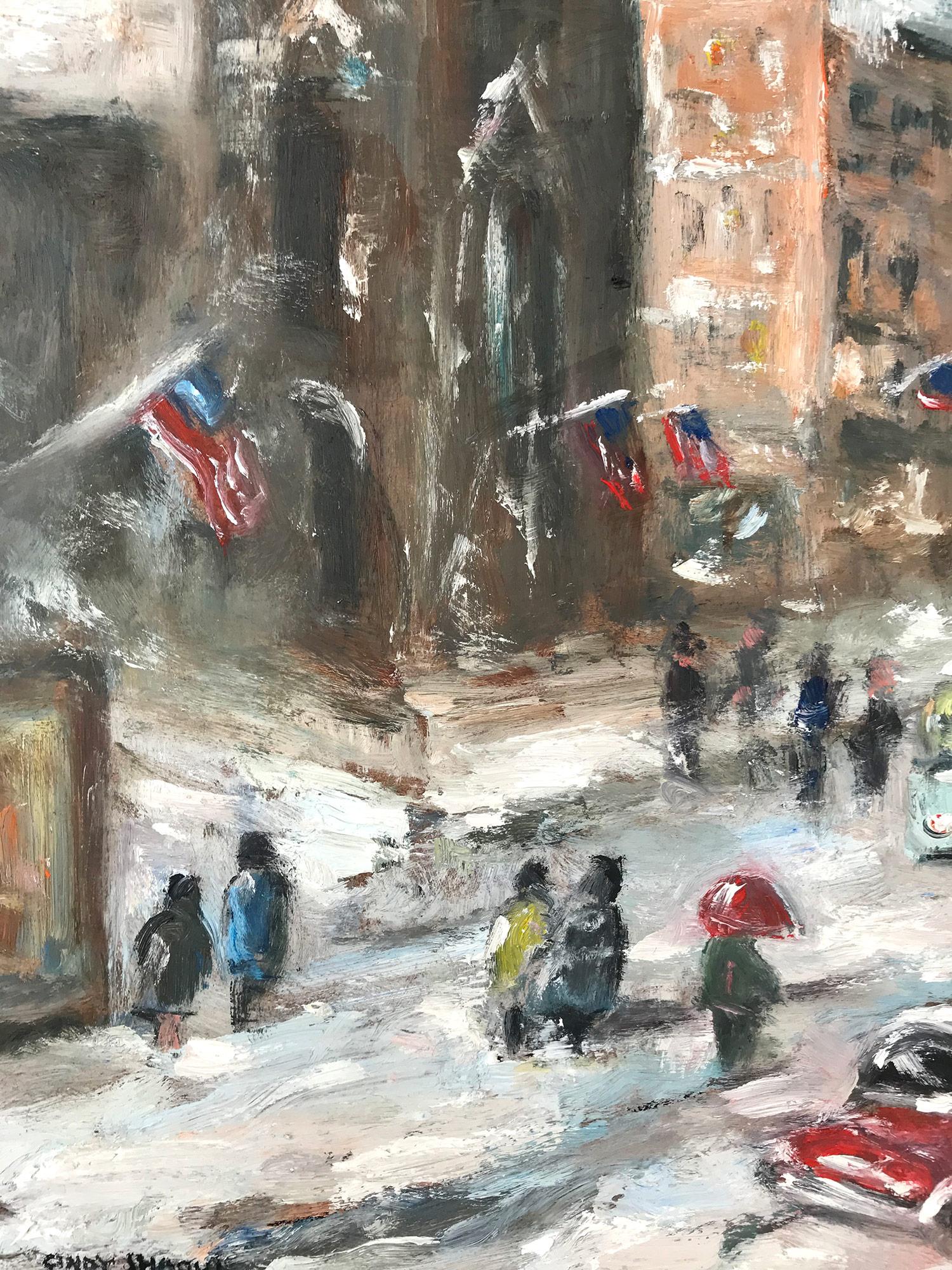 Snow in Downtown Wall Street, Impressionist Street Scene in style of Guy Wiggins - Gray Figurative Painting by Cindy Shaoul