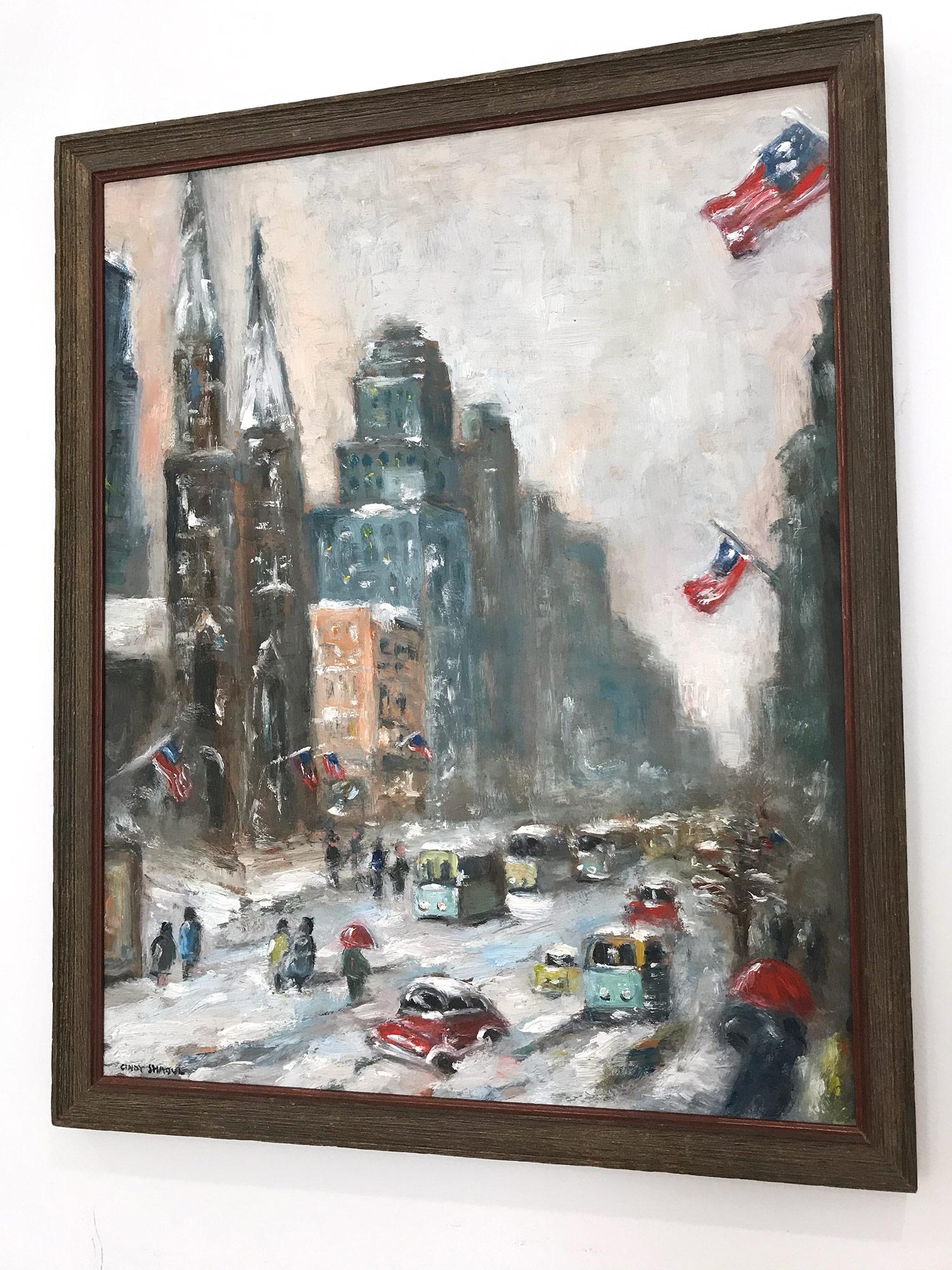 Snow in Downtown Wall Street, Impressionist Street Scene in style of Guy Wiggins 11