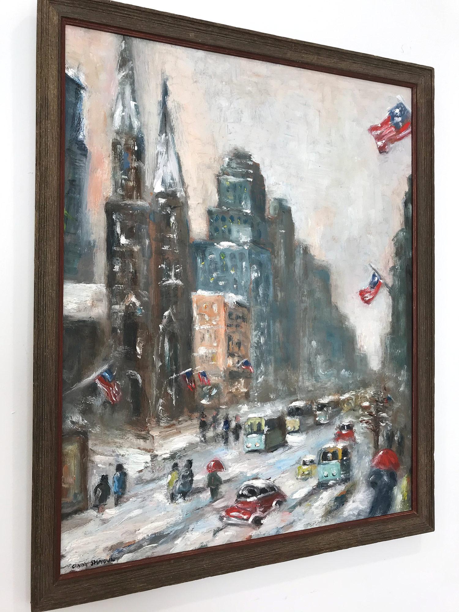 Snow in Downtown Wall Street, Impressionist Street Scene in style of Guy Wiggins 12