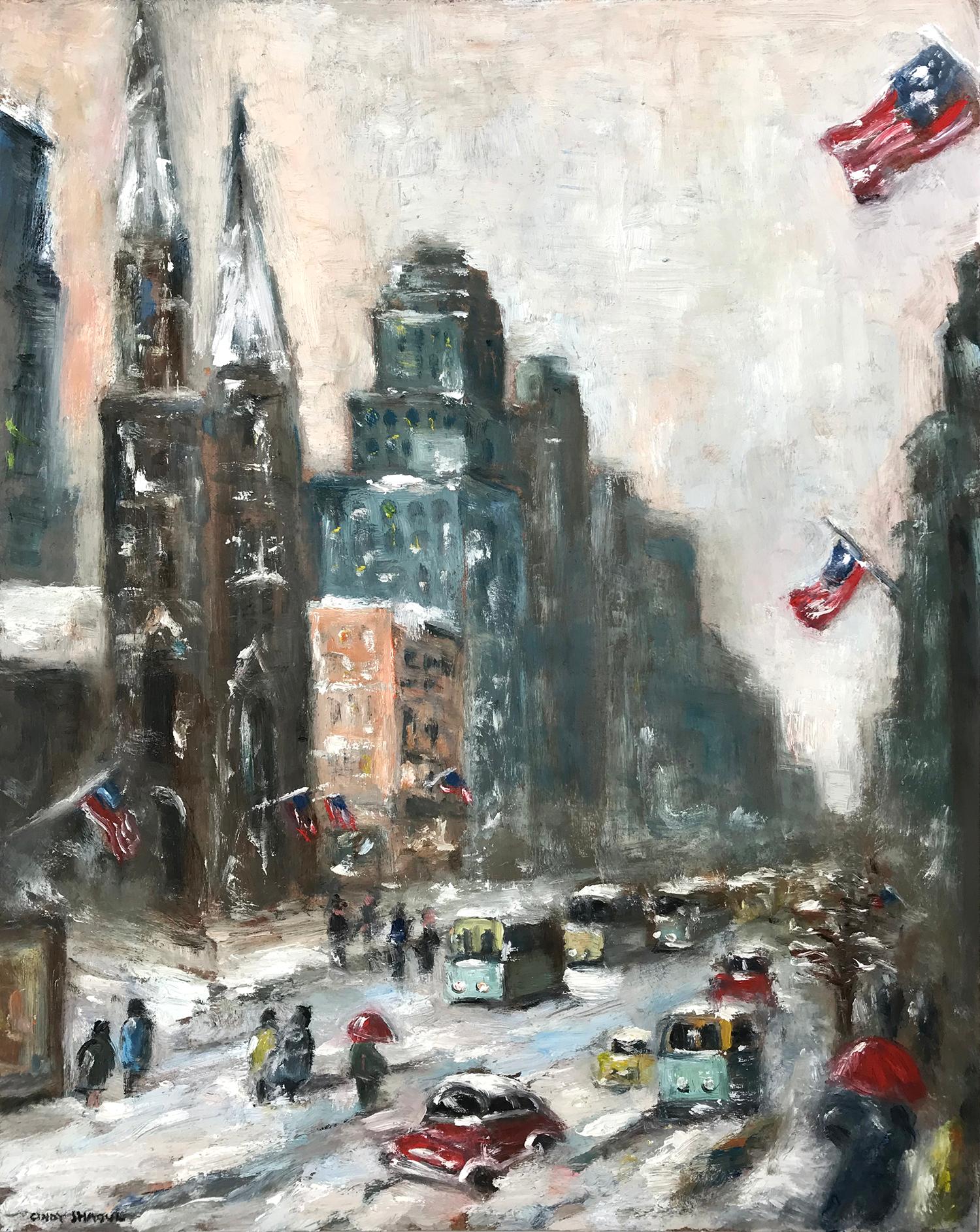 Snow in Downtown Wall Street, Impressionist Street Scene in style of Guy Wiggins - Painting by Cindy Shaoul