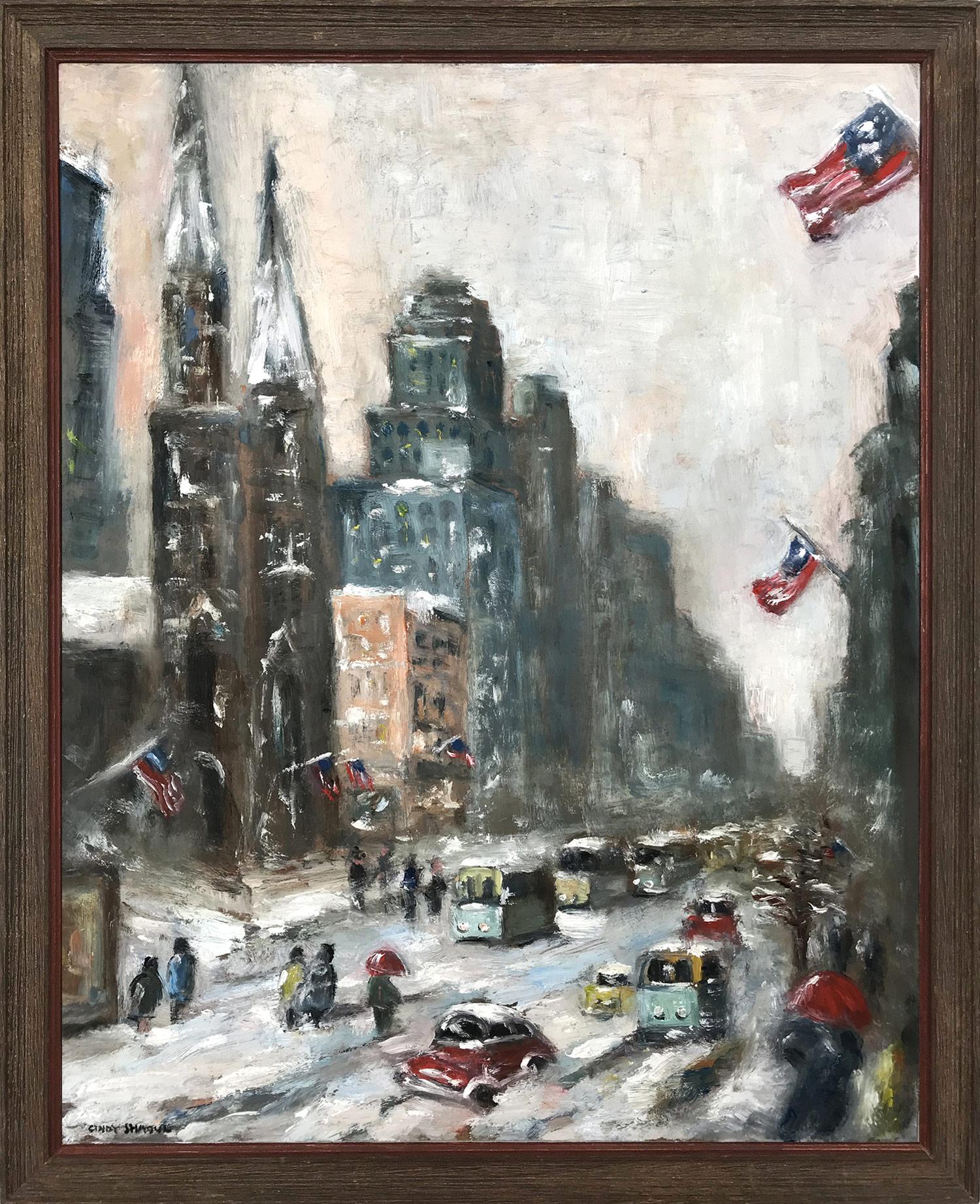 Cindy Shaoul Figurative Painting - Snow in Downtown Wall Street, Impressionist Street Scene in style of Guy Wiggins