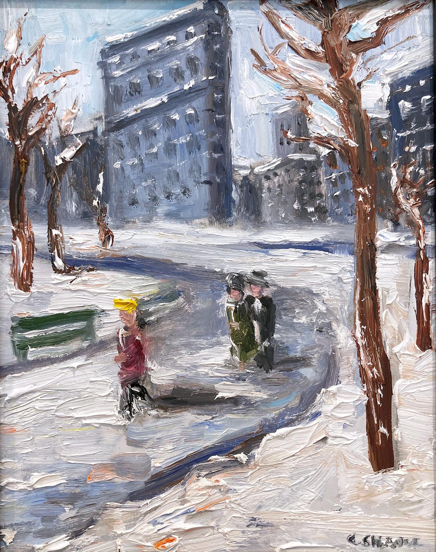 Peinture à l'huile impressionniste « Snow in Flatiron » représentant une scène de neige, style Guy Wiggins  - Painting de Cindy Shaoul