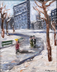 "Snow in Flatiron" Impressionist Oil Painting Snow Scene Style of Guy Wiggins