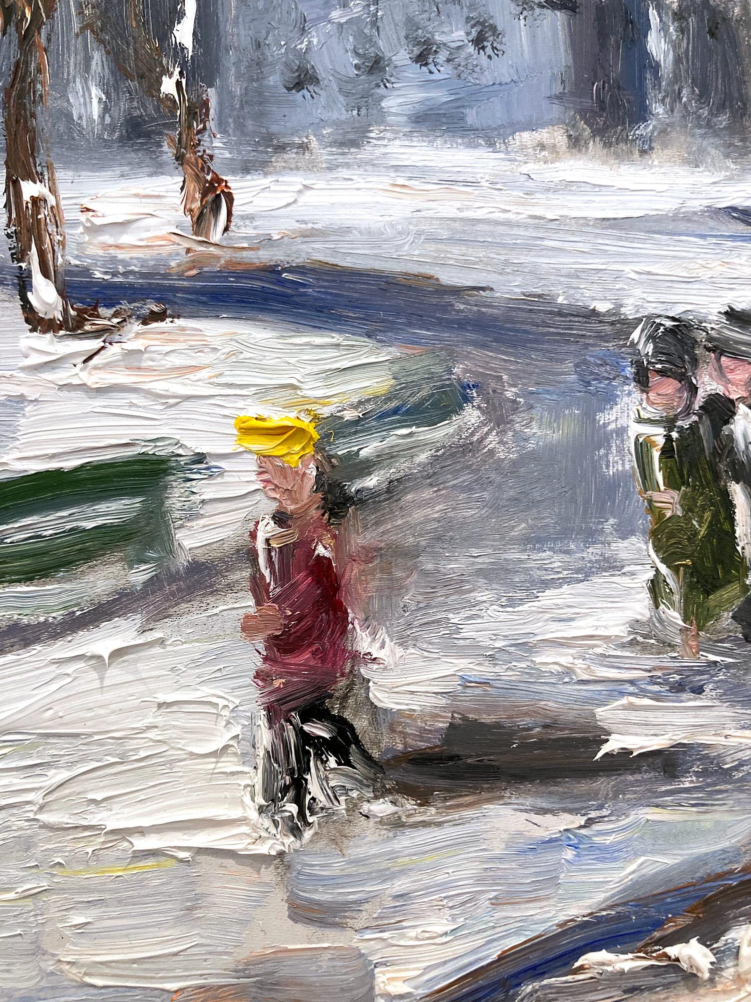 Peinture à l'huile impressionniste « Snow in Flatiron » représentant une scène de neige, style Guy Wiggins  - Impressionnisme américain Painting par Cindy Shaoul