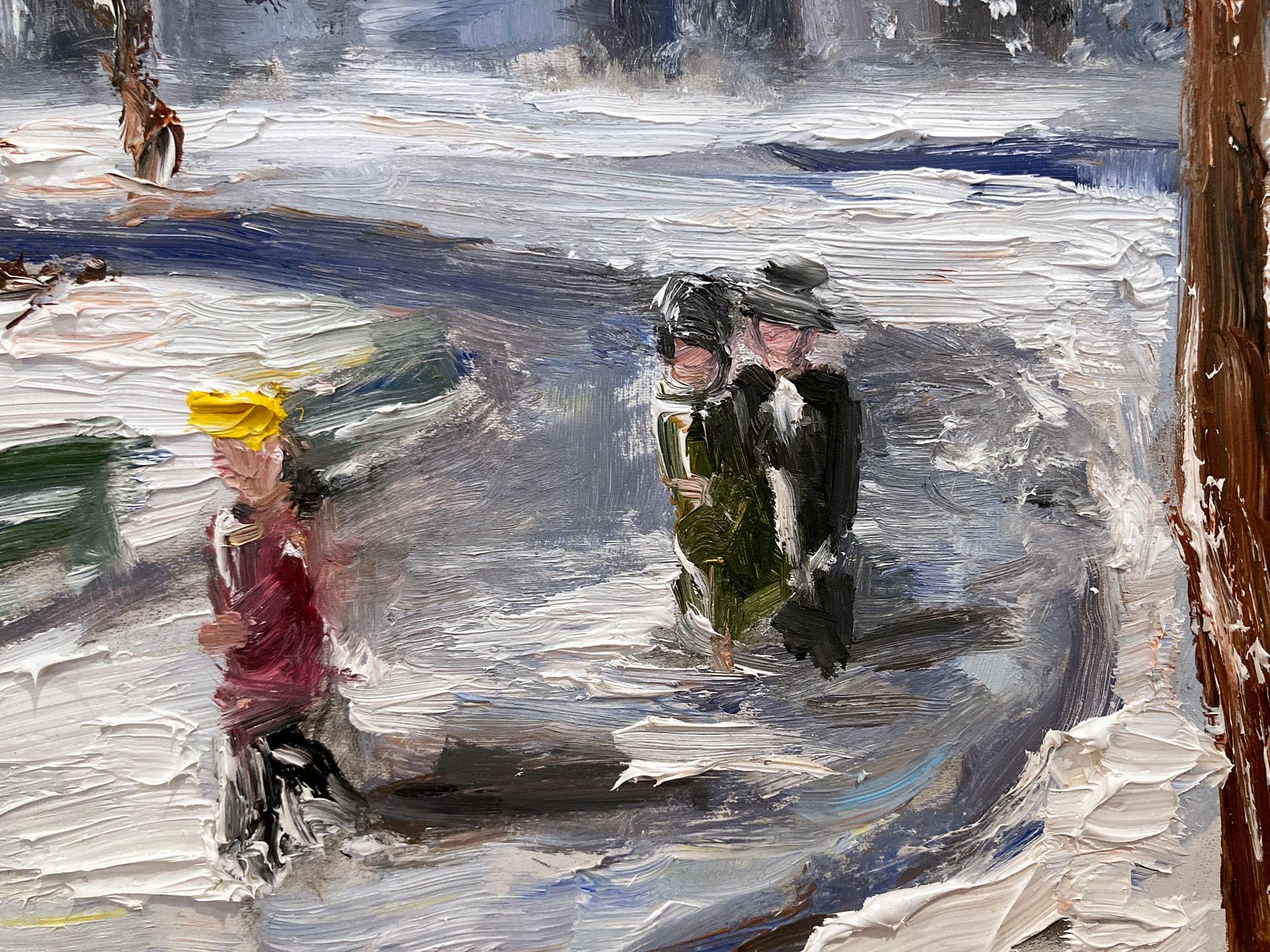 Peinture à l'huile impressionniste « Snow in Flatiron » représentant une scène de neige, style Guy Wiggins  en vente 1