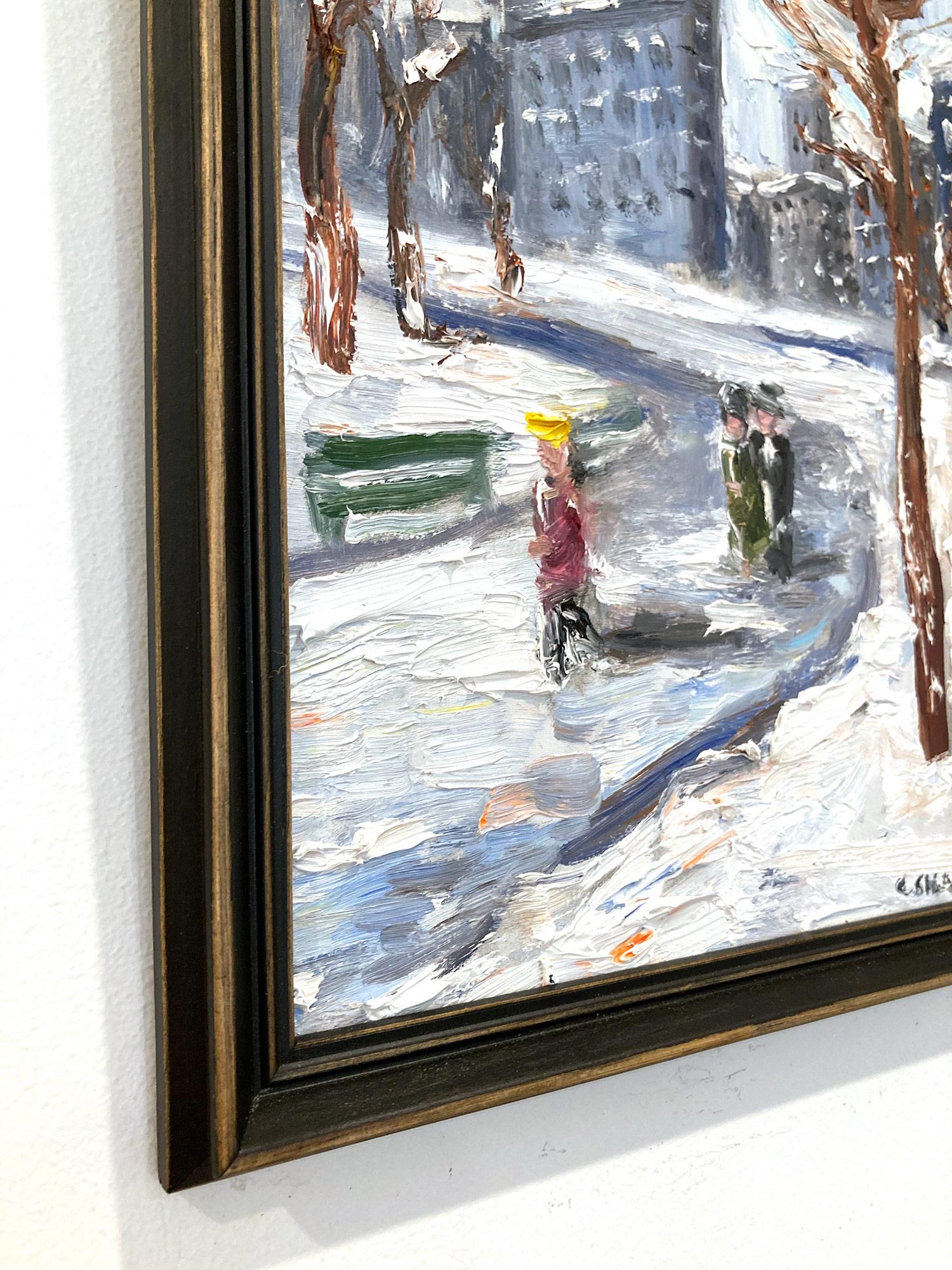 Peinture à l'huile impressionniste « Snow in Flatiron » représentant une scène de neige, style Guy Wiggins  en vente 3
