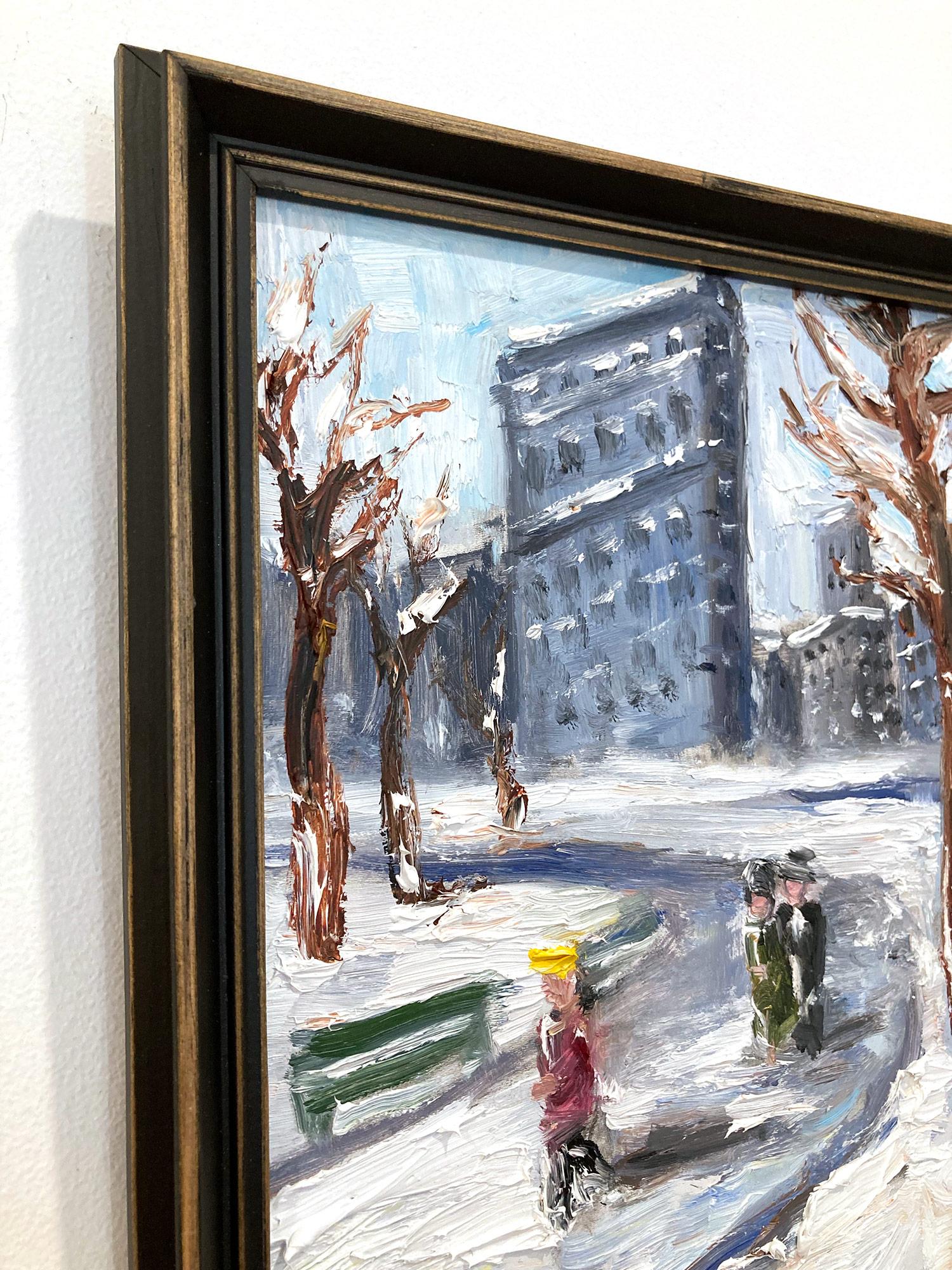 Peinture à l'huile impressionniste « Snow in Flatiron » représentant une scène de neige, style Guy Wiggins  en vente 4