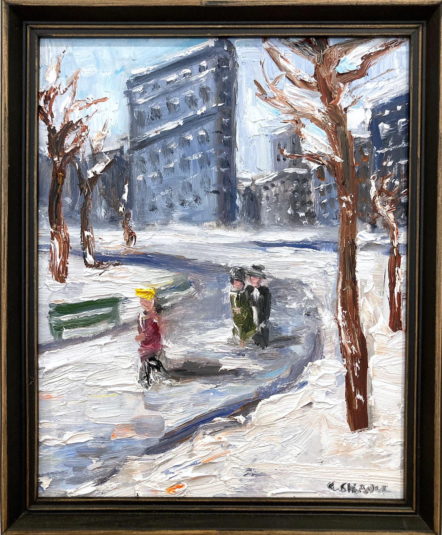 Figurative Painting Cindy Shaoul - Peinture à l'huile impressionniste « Snow in Flatiron » représentant une scène de neige, style Guy Wiggins 