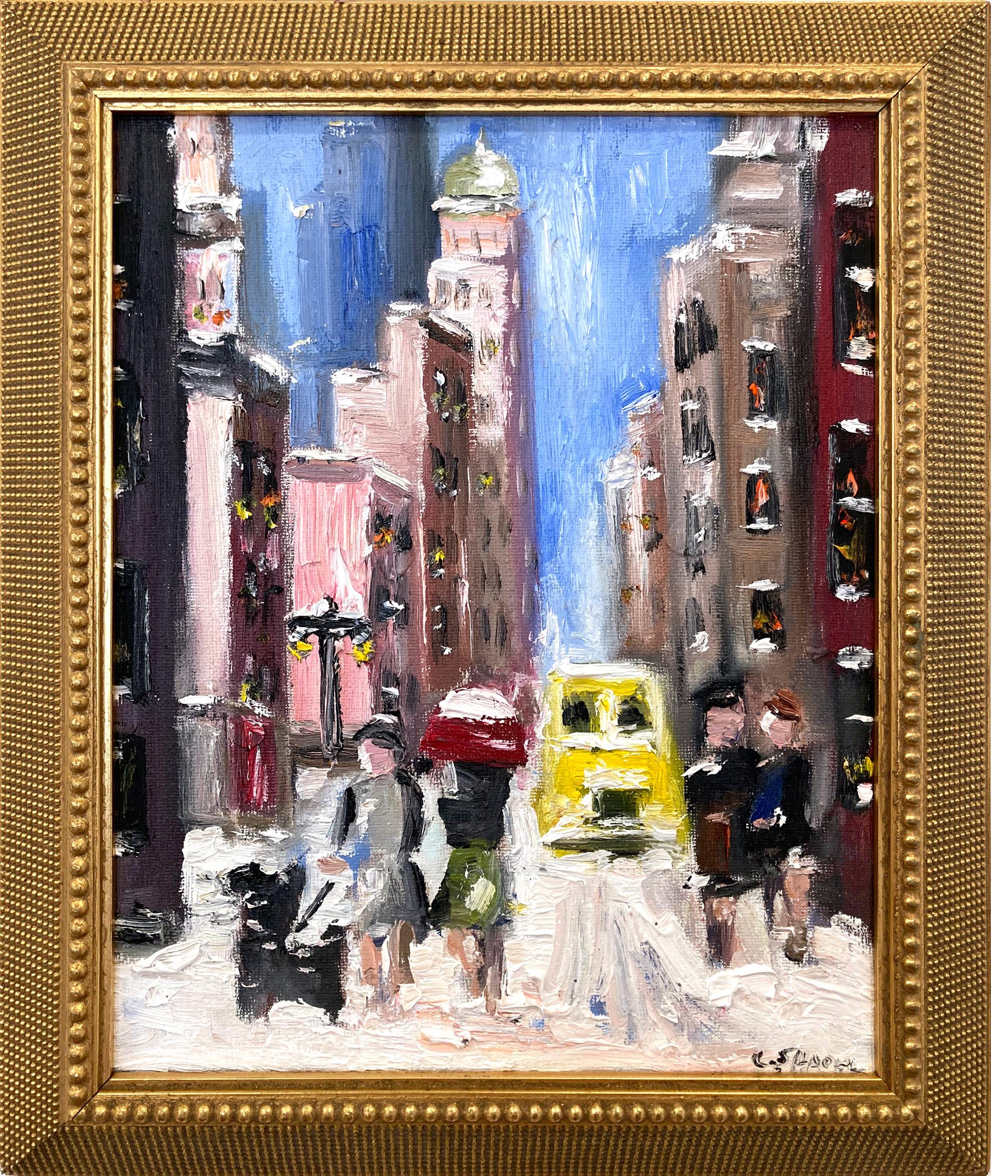"Schnee in NYC" Impressionistisches Ölgemälde im Stil von Guy Wiggins Gerahmt