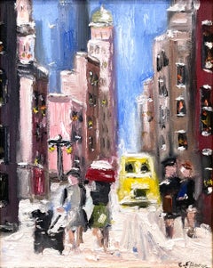 "Schnee in NYC" Impressionistisches Ölgemälde im Stil von Guy Wiggins Gerahmt