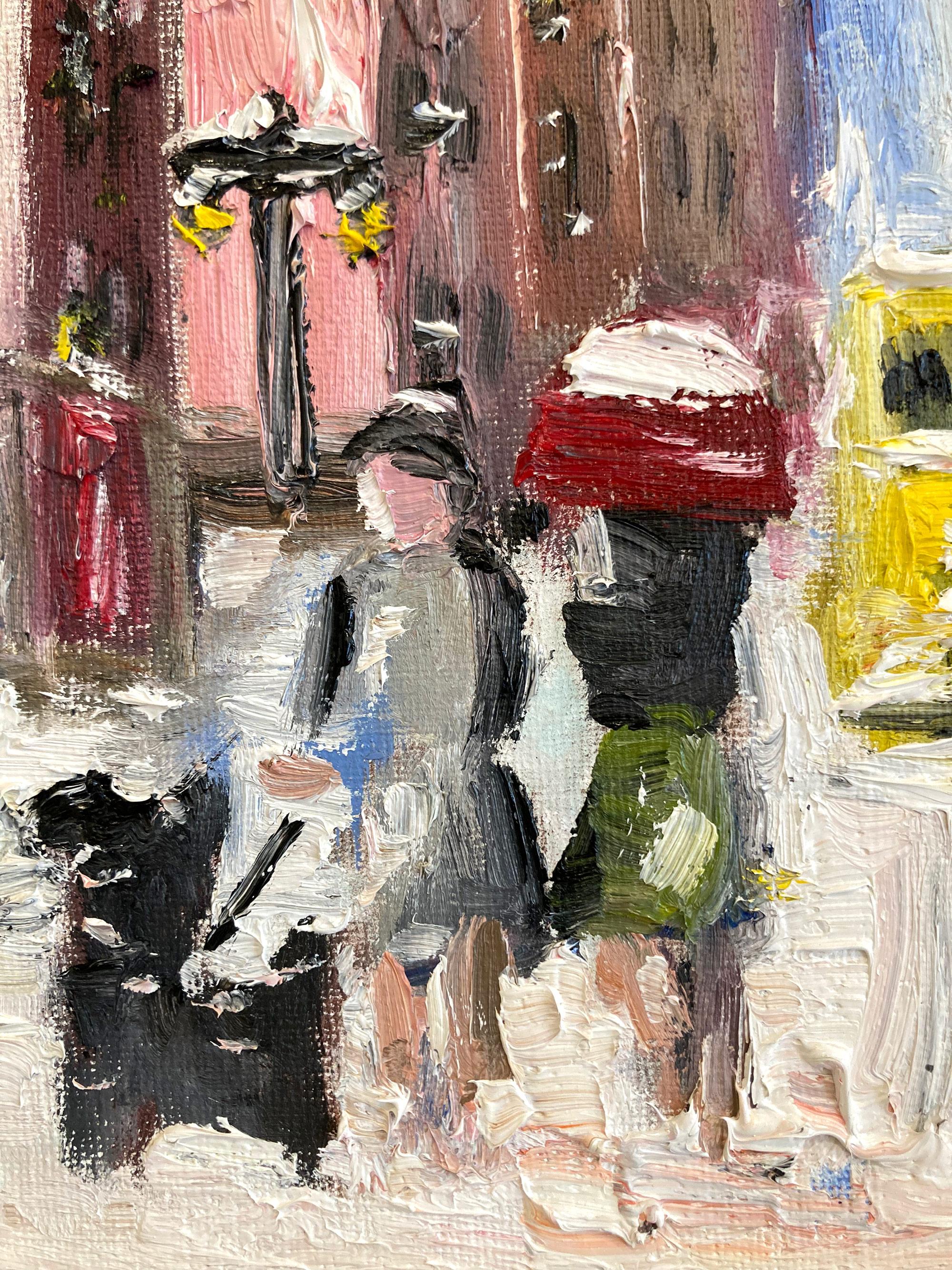 A charming depiction of Snow in New York City on Fifth Avenue with figures walking a dog. A cozy impressionistic street scene with colors of cobalts, light pink, whites, cadmium red and burnt sienna's. An iconic street scene with beautiful brushwork