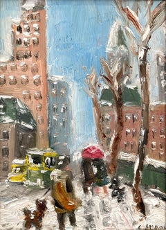 "Snow in NYC" Impressionist Oil Painting in Style of Guy Wiggins Snow Scene
