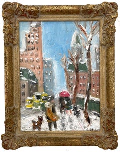 "Snow in NYC" Impressionist Oil Painting in Style of Guy Wiggins Snow Scene